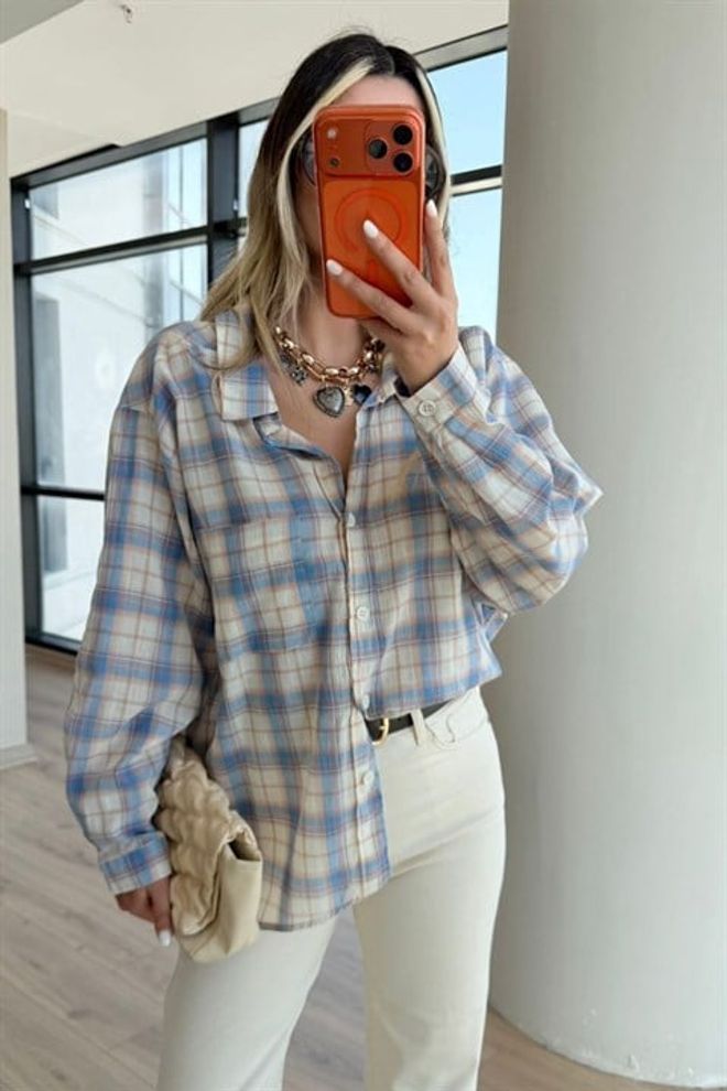 Sobe Istanbul Blue Oversized Checkered Casual Shirt Wholesale Clothing Lounge