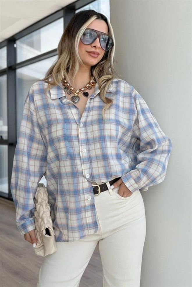 Sobe Istanbul Plava Oversized Karirana Ležerna Majica Veleprodaja odjeće Ležerni