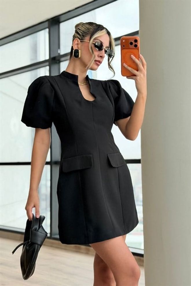 Sobe Istanbul Čierne Elegantné Mini Šaty S Nadýchanými Rukávmi Veľkoobchod s oblečením Vintage