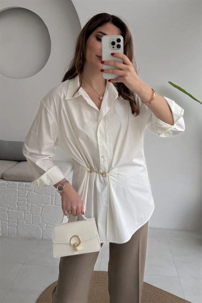 Sobe Istanbul Camisa Longa Branca Tamanho Grande Com Decote Entalhado Roupas por atacado Casual