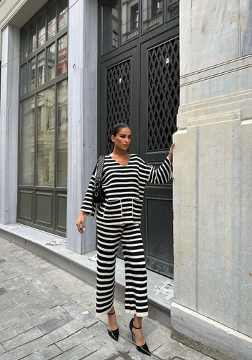 A wholesale clothing model wears  Striped Suit - Ecru & Black
, Turkish wholesale Suit of Sobe