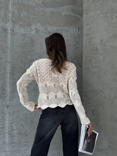 A wholesale clothing model wears sbe11636-openwork-cotton-knitwear-sweater-ecru, Turkish wholesale Sweater of Sobe