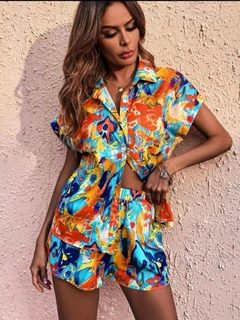 A wholesale clothing model wears 15661 - Patterned Set With Short and Shirt - Multicolored, Turkish wholesale Suit of Sobe