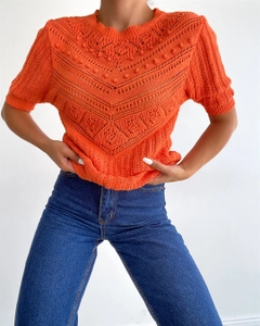 A wholesale clothing model wears 17982 - Sweater - Orange, Turkish wholesale Sweater of Sobe