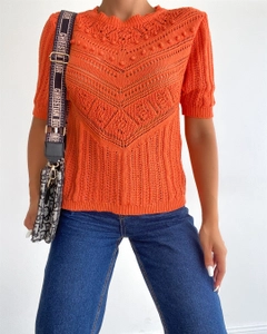 A wholesale clothing model wears 17982 - Sweater - Orange, Turkish wholesale Sweater of Sobe