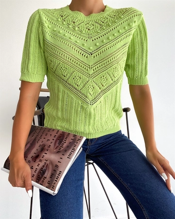Bir model, Sobe toptan giyim markasının  Süveter - Yeşil
 toptan Kazak ürününü sergiliyor.