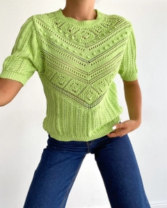A wholesale clothing model wears 17984 - Sweater - Green, Turkish wholesale Sweater of Sobe