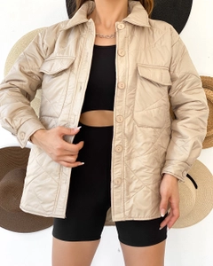 A wholesale clothing model wears 29856 - Jacket - Beige, Turkish wholesale Jacket of Sobe