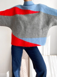 Een kledingmodel uit de groothandel draagt 35242 - Sweater - Blue Grey And Orange, Turkse groothandel Trui van Sobe