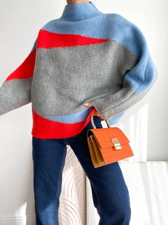 Um modelo de roupas no atacado usa 35242 - Sweater - Blue Grey And Orange, atacado turco Suéter de Sobe