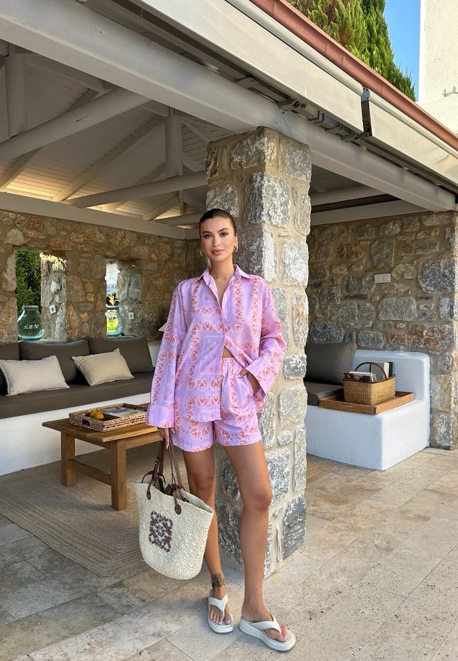 Ilia Traje Doble De Tela De Popelina Estampada Rosa Ropa al por mayor Casual