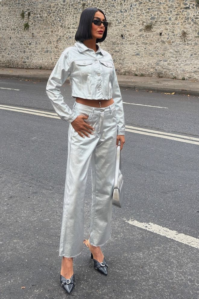 Sobe Istanbul Комплект Брюк куртки Серебристого Цвета С Эффектом Металлик Оптовая продажа одежды Повседневный