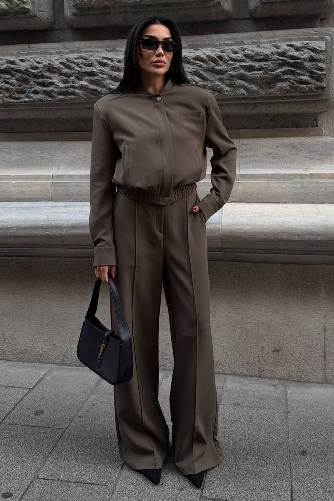 Sobe Istanbul Σετ Χακί Με Γιακά Σάλι Και Παντελόνι Palazzo Χονδρικό εμπόριο ενδυμάτων Casual