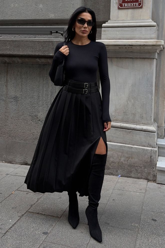 Sobe Istanbul Schwarzer Eleganter Plissierter Midi Rock Mit Hoher Taille Großhandelskleidung Sexy