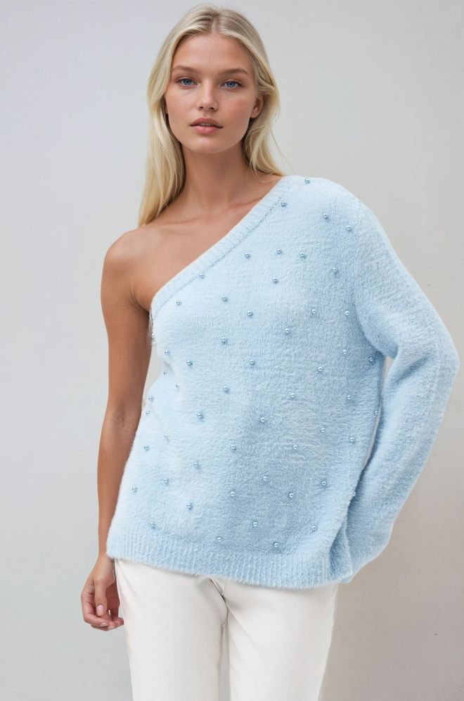 Sobe Istanbul Modrý Sveter S Výstrihom Na Jedno Rameno Neformálny Elegantný Veľkoobchod s oblečením Neformálny