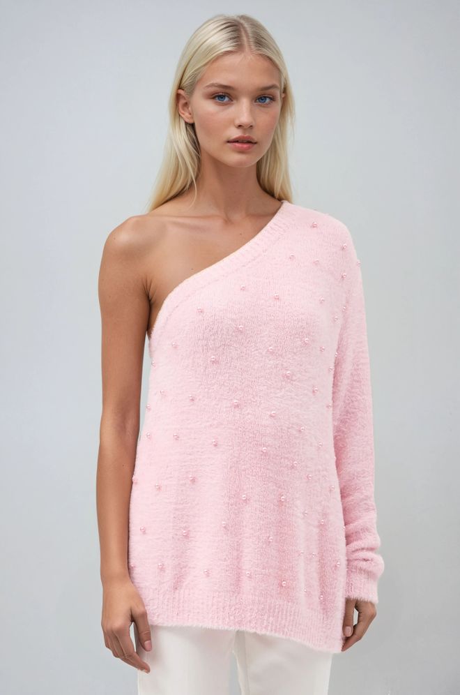 Sobe Istanbul Rosa Taillierter Pullover Mit Ein Schulter Ausschnitt Großhandelskleidung 1