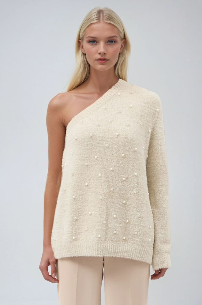 Sobe Istanbul Biely Voľný Sveter S Výstrihom Na Jedno Rameno Veľkoobchod s oblečením Doma