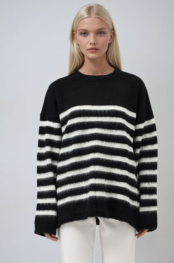 Sobe Istanbul Черен Пуловер С Уголемена Прилягане На Райета Дрехи на едро Есен