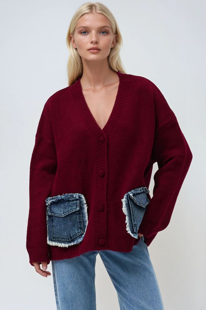 Sobe Istanbul Cardigan Roșu Bordo Croială Supradimensionată Cu Buzunare Petic Îmbrăcăminte cu ridicata De stradă