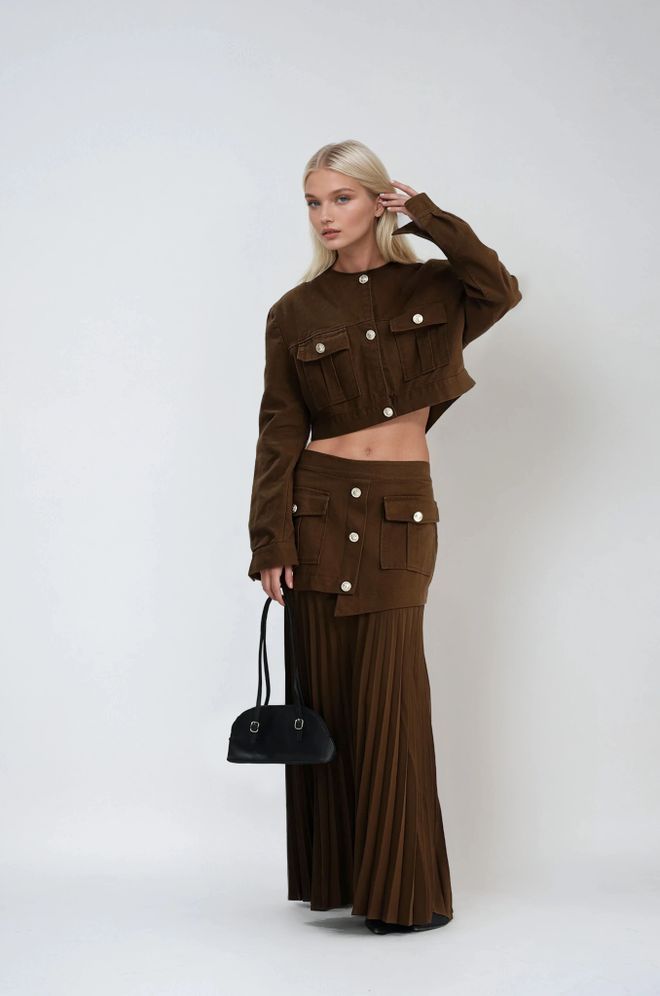 Sobe Istanbul جلس بني أنيق مع تنورة ماكسي مطوية ملابس بالجملة رَسمِيّ