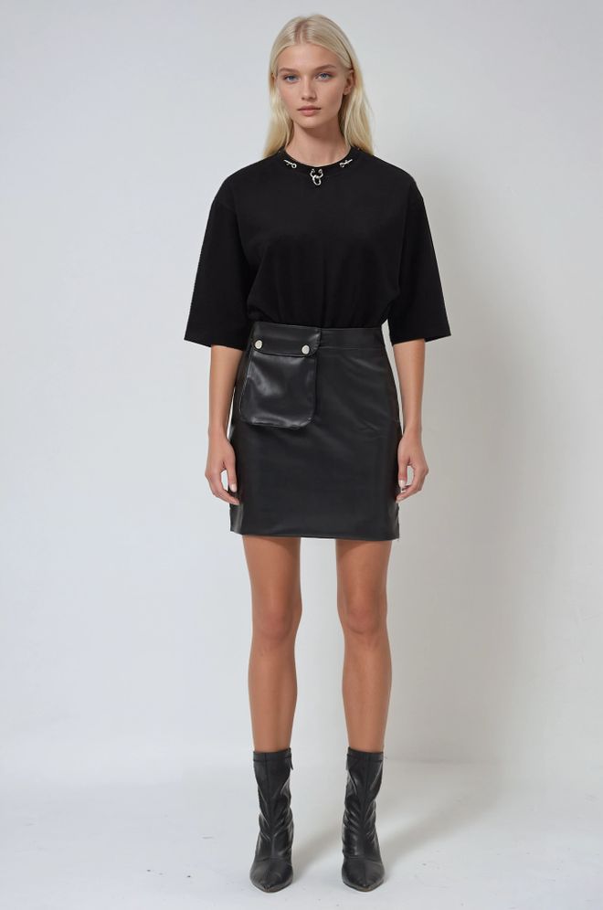 Sobe Istanbul فستان سكيتير أسود ميني برقبة مستديرة ملابس بالجملة غير رسمي