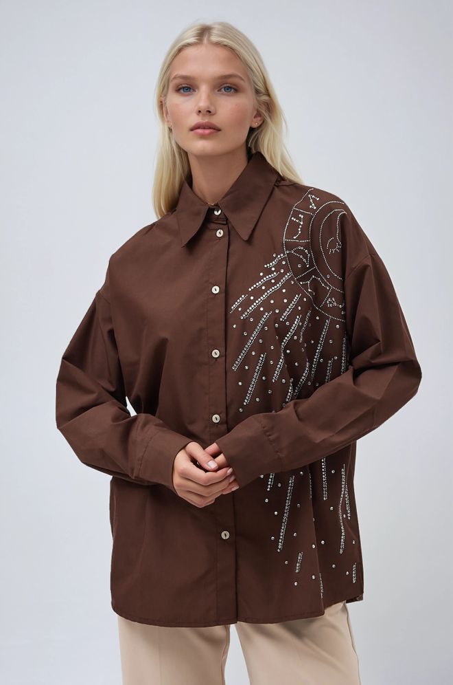 Sobe Istanbul قميص بوبلين مطرز بالأحجار مع شكل القمر ملابس بالجملة غير رسمي