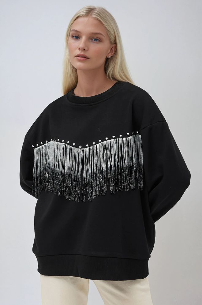 Sobe Istanbul سويت شيرت مزين بشرابة أسود ملابس بالجملة غير رسمي