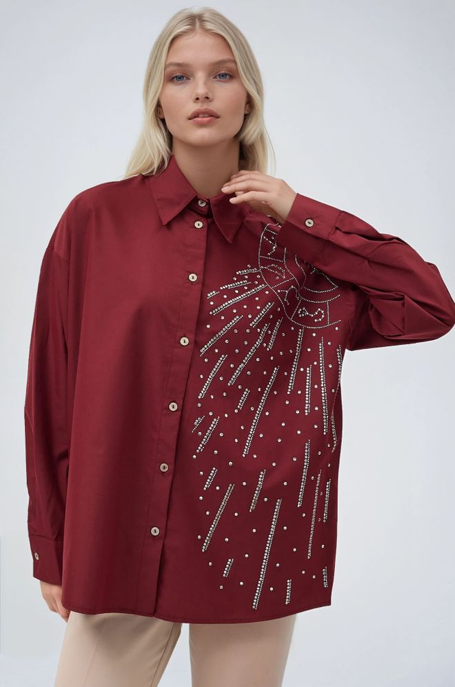 Sobe Istanbul قميص بوبلين مطرز بالأحجار مع شكل القمر ملابس بالجملة غير رسمي