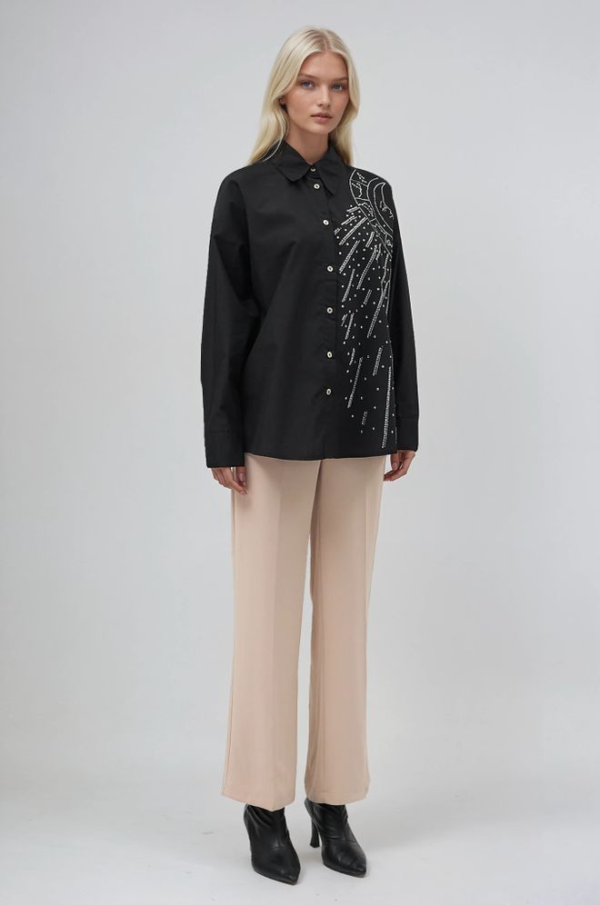 Sobe Istanbul قميص بوبلين مطرز بالأحجار مع شكل القمر ملابس بالجملة غير رسمي