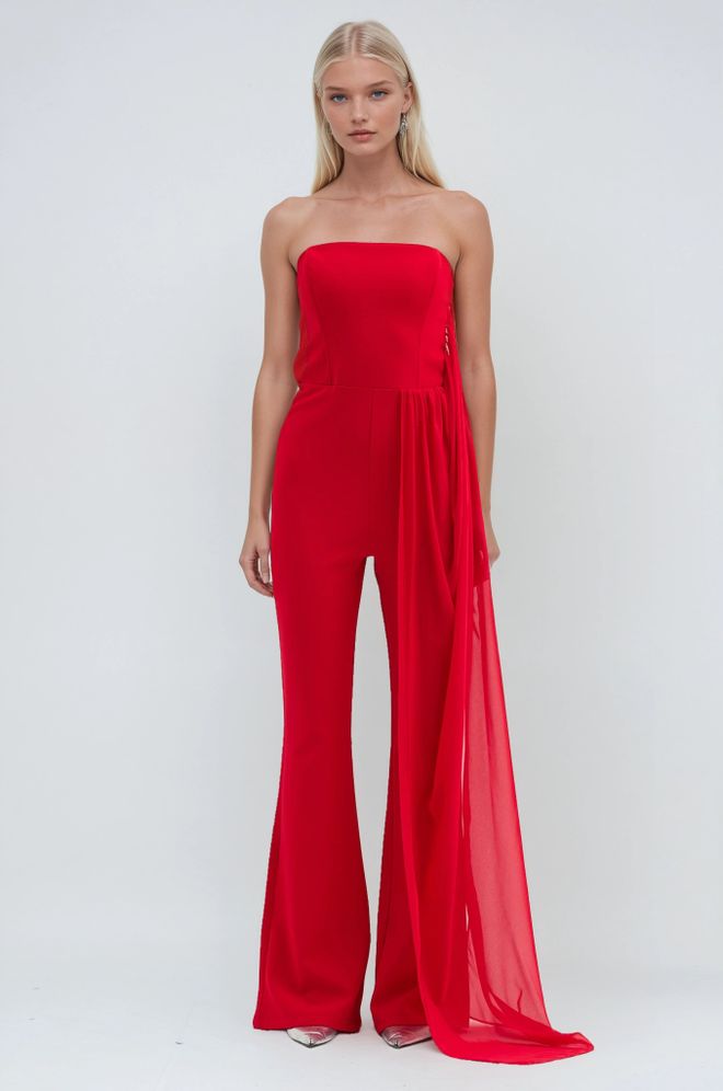 Sobe Istanbul Roter Taillierter Trägerloser Slim Fit Jumpsuit Großhandelskleidung Jahrgang