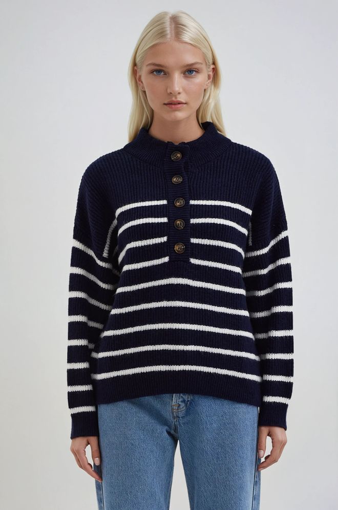 Sobe Istanbul Свитер Темно синий Повседневный В Полоску Шалевый Воротник Оптовая продажа одежды Повседневный