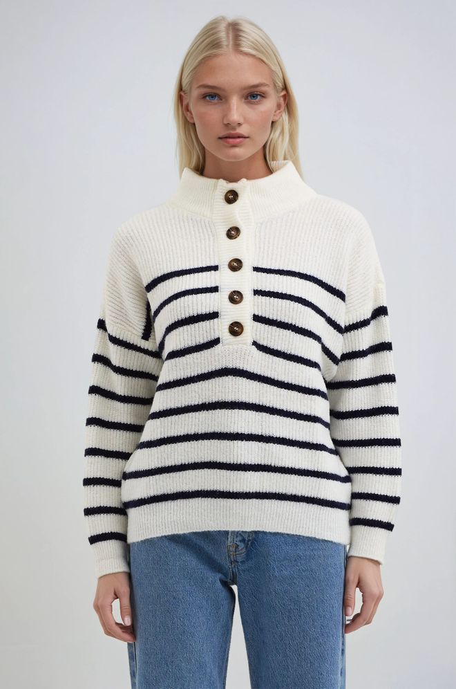 Sobe Istanbul Белый Свитер В Полоску С Воротником поло И Стандартным Кроем Оптовая продажа одежды Повседневный