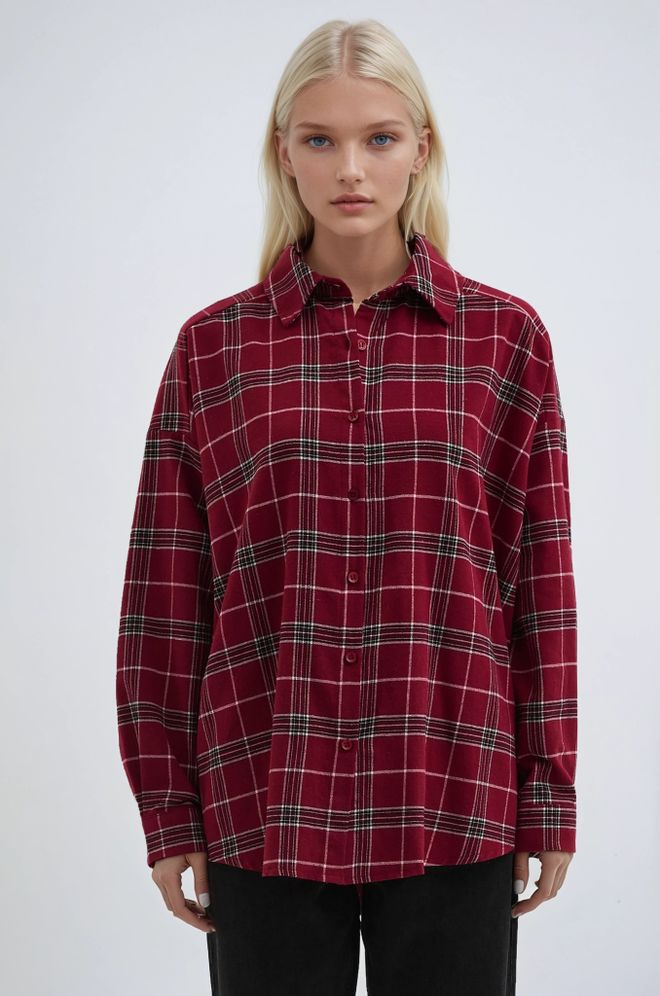 Sobe Istanbul Bordová Kockovaná Oversized Košeľa Veľkoobchod s oblečením Neformálny