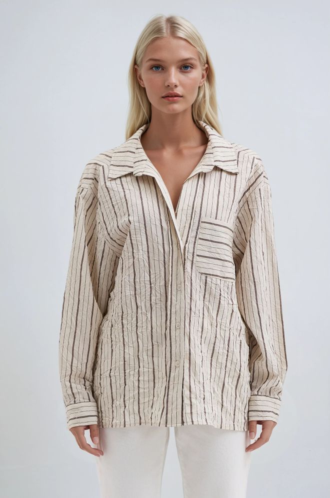 Sobe Istanbul Chemise Beige Décontractée Vintage Rayée Vêtements en gros Décontracté