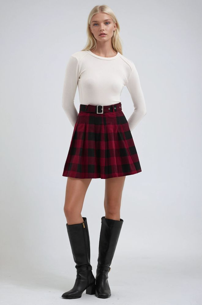 Sobe Istanbul Bordová Plisovaná Mini Sukňa S Prackou Veľkoobchod s oblečením Neformálny