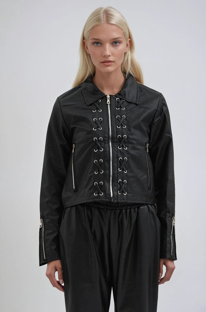 Sobe Istanbul Čierna Bunda Biker S Vreckami Na Zips Veľkoobchod s oblečením Neformálny