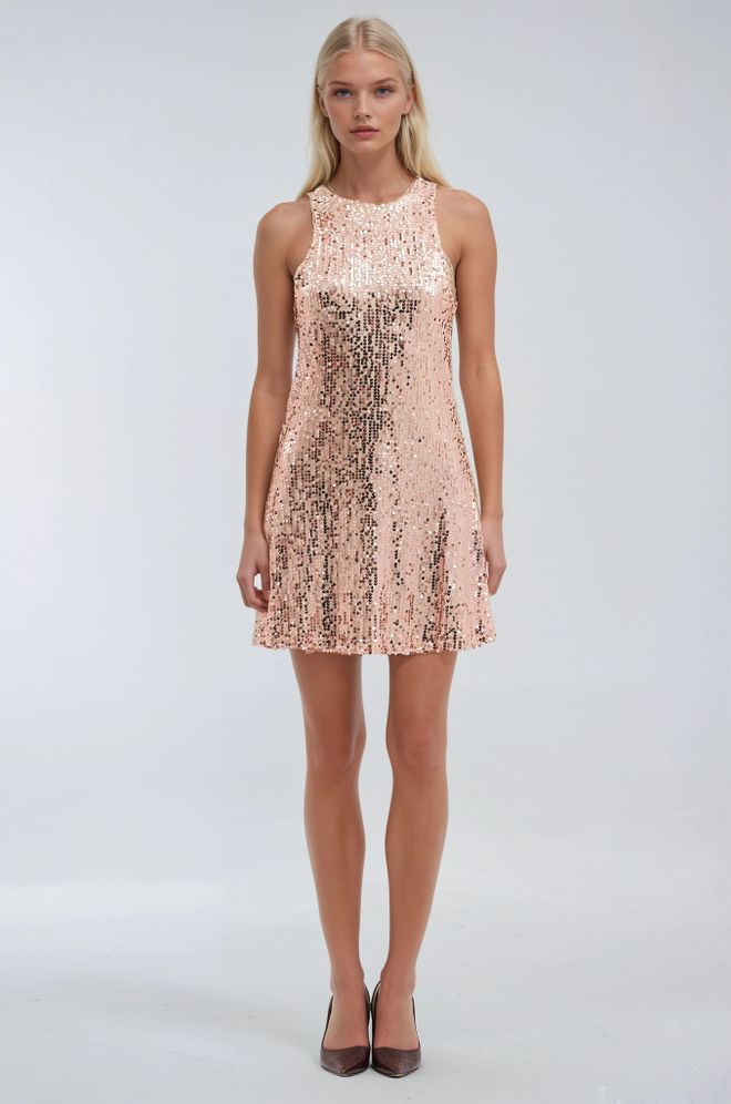 Sobe Istanbul Розовое Мини Платье С Пайетками Фасон Сдвиг С Рукавами Кап Оптовая продажа одежды Сексуальный