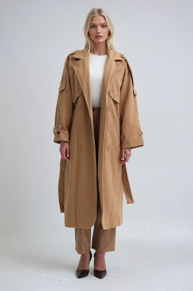 Sobe Istanbul Καφέ Κομψό Μεγάλο Παλτό Μονόκουμπο Με Ανάποδο Γιακά Χονδρικό εμπόριο ενδυμάτων Casual