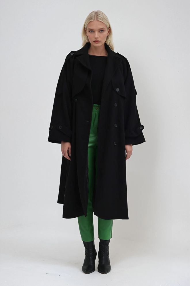 Sobe Istanbul Čierny Elegantný Oversized Kabát So Zavinovaním Veľkoobchod s oblečením Neformálny