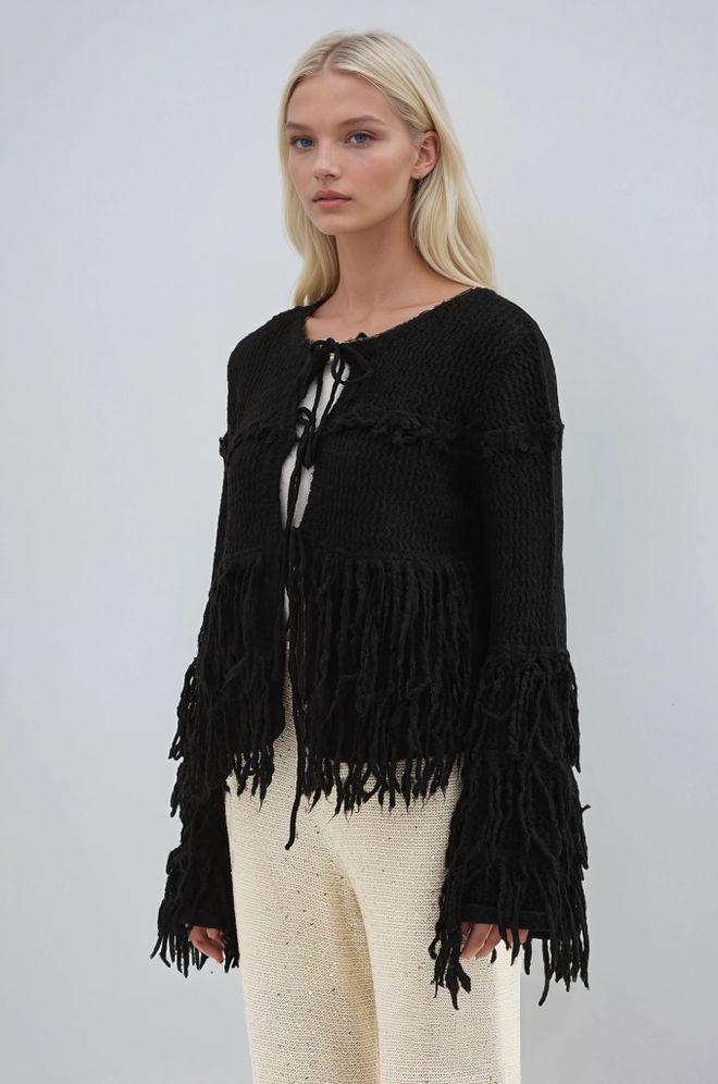 Sobe Istanbul Cardigan Nero Casual Con Chiusura A Cravatta E Scollo Tondo Abbigliamento all'ingrosso 1