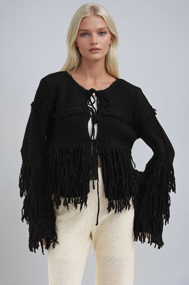 Sobe Istanbul Cardigan Nero Casual Con Chiusura A Cravatta E Scollo Tondo Abbigliamento all'ingrosso 5