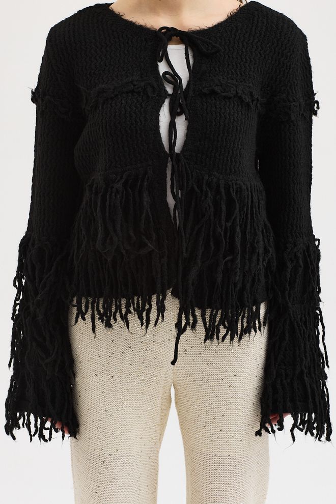 Sobe Istanbul Cardigan Nero Casual Con Chiusura A Cravatta E Scollo Tondo Abbigliamento all'ingrosso Primavera