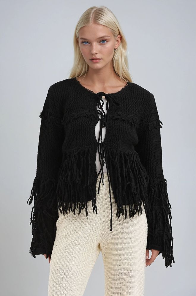 Sobe Istanbul Cardigan Nero Casual Con Chiusura A Cravatta E Scollo Tondo Abbigliamento all'ingrosso Lavoro