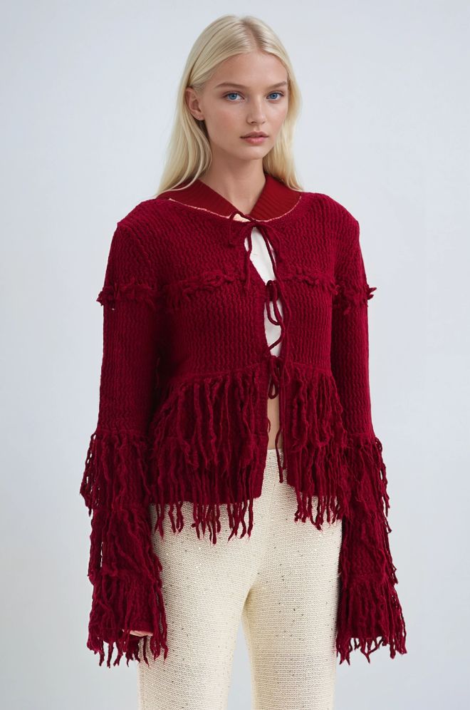 Sobe Istanbul Tamsiai Raudonas Kardiganas Boho Trumpas Surišamas – Rudens Vintažinis Stilius Didmeninė prekyba drabužiais Kokteilinė