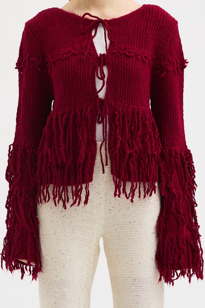 Sobe Istanbul Claret Red Cardigan Boho Crop Tie Front – Fall Vintage Style Wholesale Clothing Boho