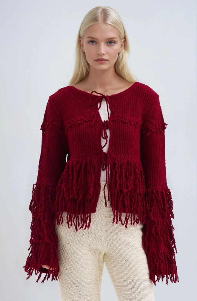 Sobe Istanbul Claret Red Cardigan Boho Crop Tie Front – Fall Vintage Style Wholesale Clothing 1