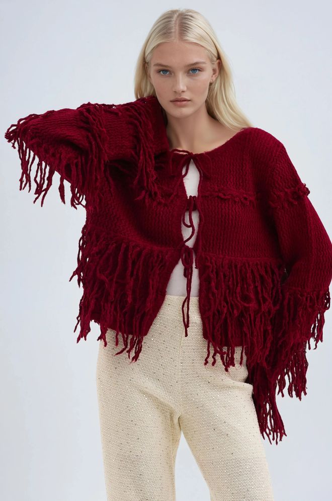 Sobe Istanbul Claret Red Cardigan Boho Crop Tie Front – Fall Vintage Style Wholesale Clothing Lounge