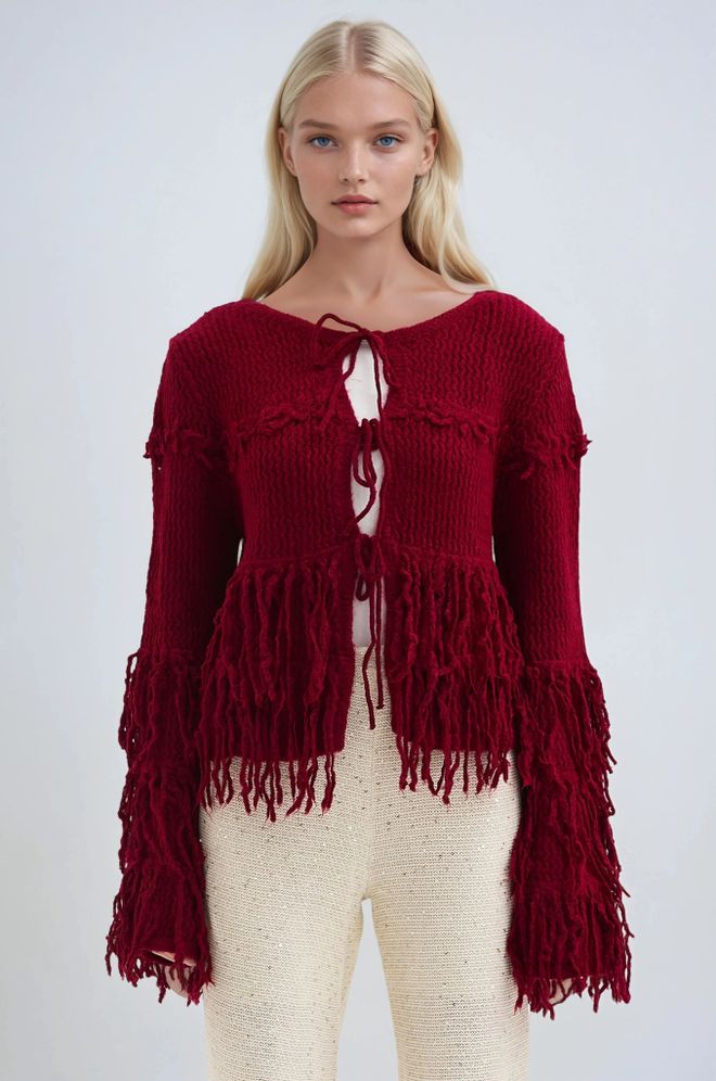Sobe Istanbul Claret Red Cardigan Boho Crop Tie Front – Fall Vintage Style Wholesale Clothing 5