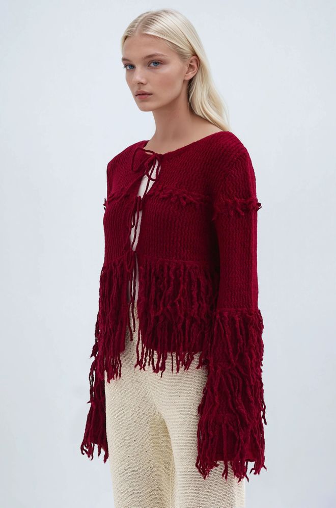 Sobe Istanbul Claret Red Cardigan Boho Crop Tie Front – Fall Vintage Style Wholesale Clothing Work