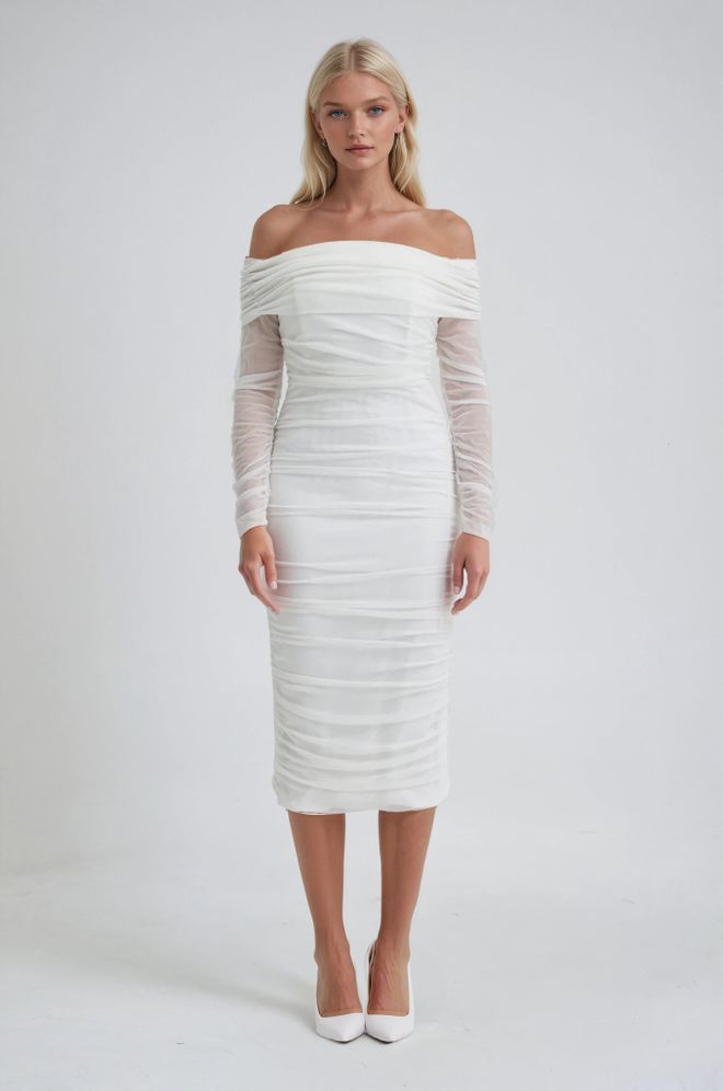 Sobe Istanbul White Elegant Bodycon Midi Dress With Off Shoulder Neck Wholesale Clothing Sexy